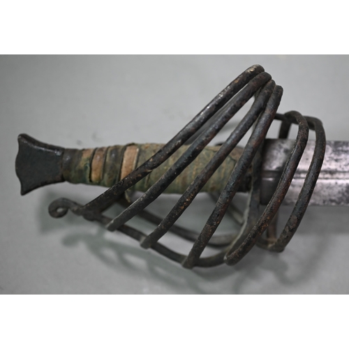 1086 - An antique broadsword with 108 cm half-fullered blade, wired canvas wrought iron hilt with spiral ba... 