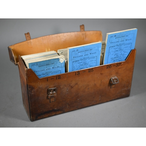 1094 - A vintage leather motoring map-case, containing a set of thirty-six folding Bartholomew maps of Engl... 