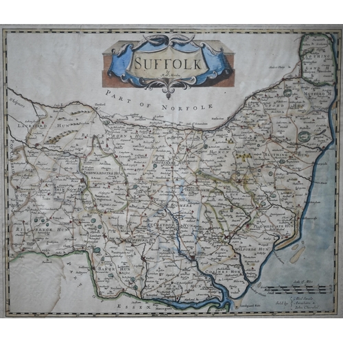 1098 - A 17th century county map engraving 'Suffolk' by Robert Morden, 36 x 42 cm, mounted in a glazed mapl... 