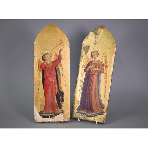 1110 - A pair of 19th century Italian paintings of angels after Fra Angelico, with gilded backgrounds on la... 