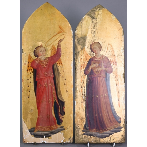 1110 - A pair of 19th century Italian paintings of angels after Fra Angelico, with gilded backgrounds on la... 