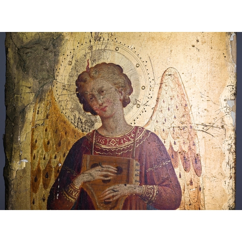 1110 - A pair of 19th century Italian paintings of angels after Fra Angelico, with gilded backgrounds on la... 