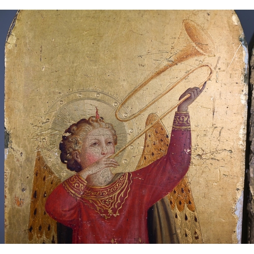 1110 - A pair of 19th century Italian paintings of angels after Fra Angelico, with gilded backgrounds on la... 