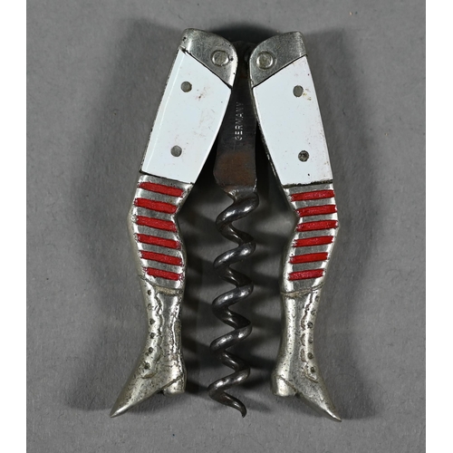 1112 - WITHDRAWN A Belle Epoque vintage novelty 'legs' corkscrew with white enamel thighs and red-striped s... 