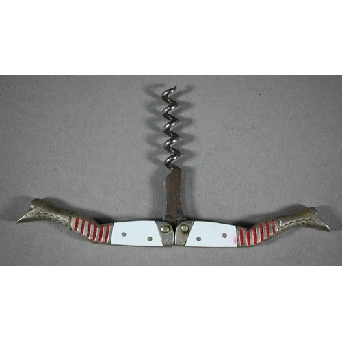 1112 - WITHDRAWN A Belle Epoque vintage novelty 'legs' corkscrew with white enamel thighs and red-striped s... 