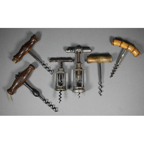 1113 - Six various antique corkscrews, including a Solon open-barrel example, another open barrel with flip... 