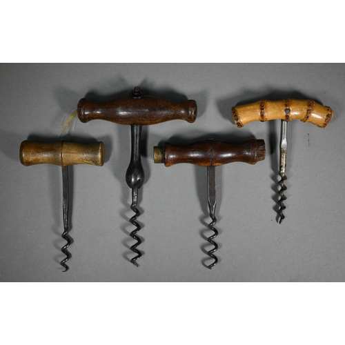 1113 - Six various antique corkscrews, including a Solon open-barrel example, another open barrel with flip... 