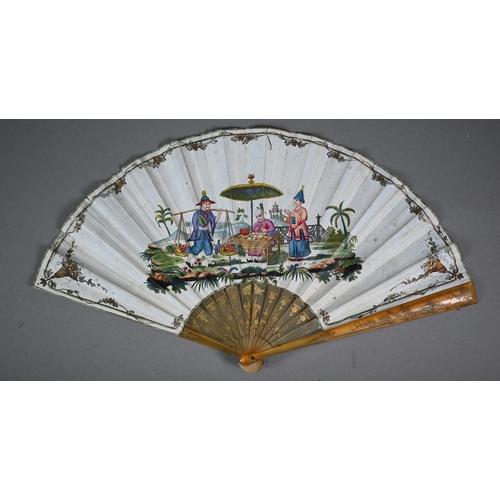 1152 - An antique Continental mother-of-pearl fan, the pierced sticks mounted with sequins, the paper leaf ... 