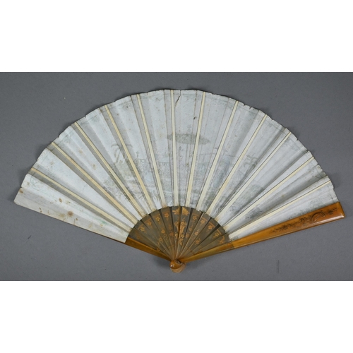 1152 - An antique Continental mother-of-pearl fan, the pierced sticks mounted with sequins, the paper leaf ... 