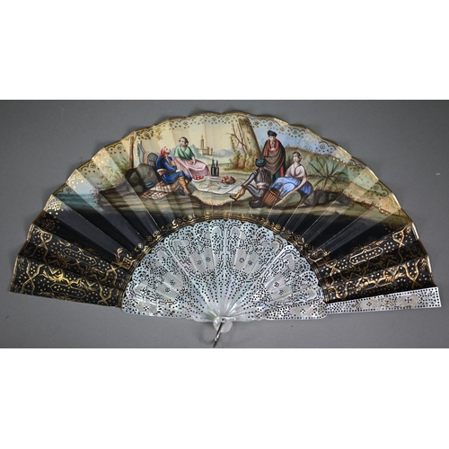 1152 - An antique Continental mother-of-pearl fan, the pierced sticks mounted with sequins, the paper leaf ... 