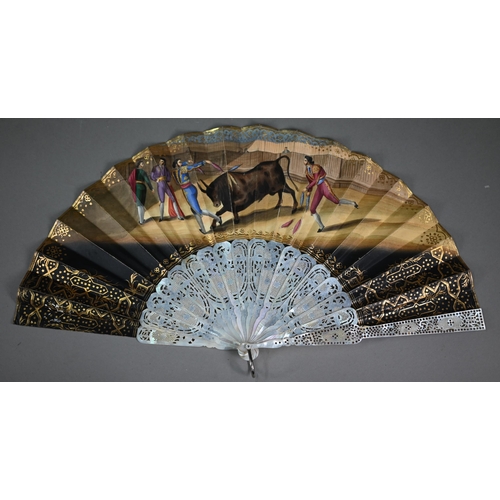 1152 - An antique Continental mother-of-pearl fan, the pierced sticks mounted with sequins, the paper leaf ... 