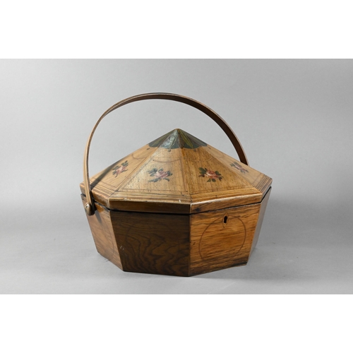 1199 - A Sheraton period painted rosewood work box of octagonal form with domed cover and swing loop handle... 