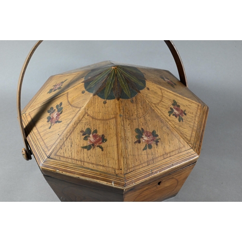 1199 - A Sheraton period painted rosewood work box of octagonal form with domed cover and swing loop handle... 