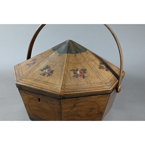 1199 - A Sheraton period painted rosewood work box of octagonal form with domed cover and swing loop handle... 