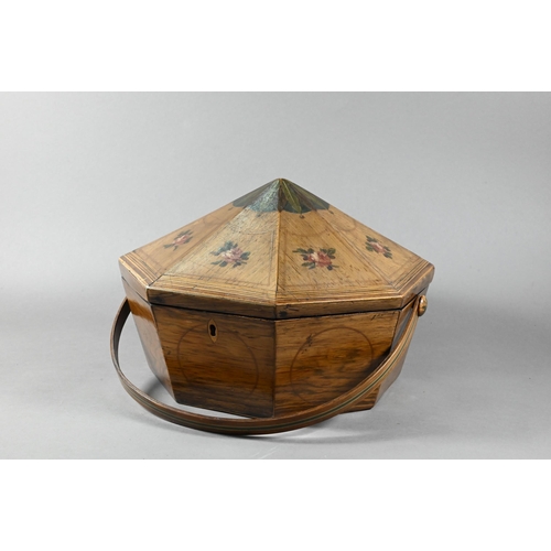 1199 - A Sheraton period painted rosewood work box of octagonal form with domed cover and swing loop handle... 