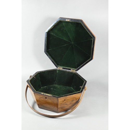 1199 - A Sheraton period painted rosewood work box of octagonal form with domed cover and swing loop handle... 