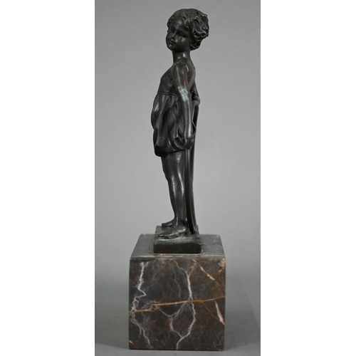 1200 - After Ferdinand Preis, a reproduction brown bronze figure of a girl with hoop, signed to base, 26 cm... 