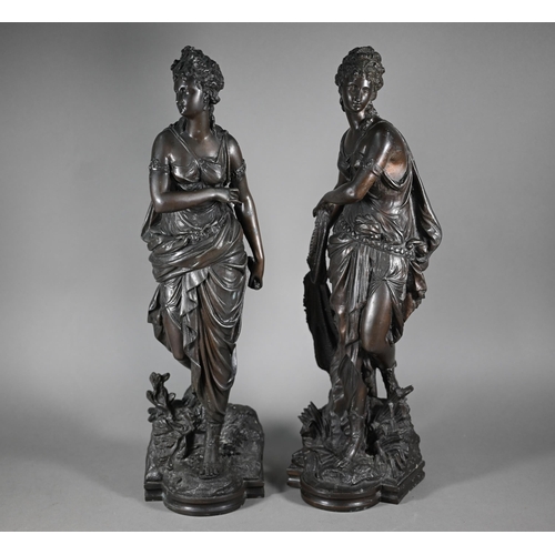 1203 - A companion pair of 19th century bronze patinated spelter figures of classical Greek maidens, 53 cm ... 