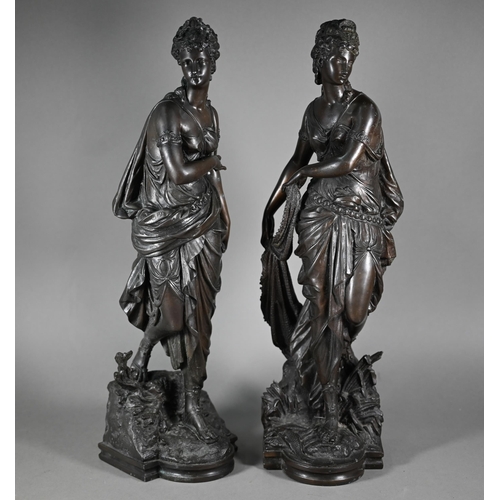 1203 - A companion pair of 19th century bronze patinated spelter figures of classical Greek maidens, 53 cm ... 