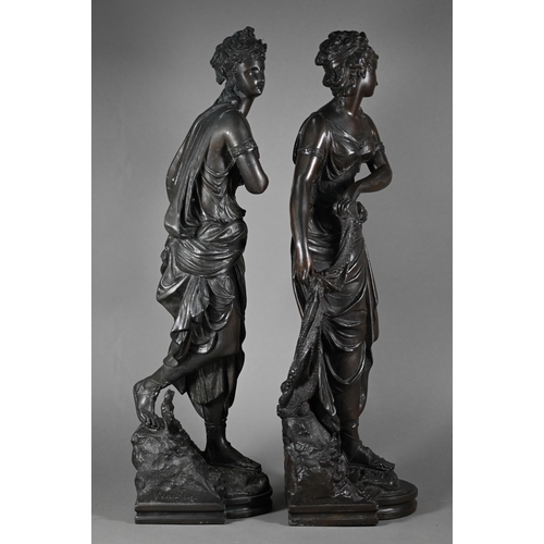 1203 - A companion pair of 19th century bronze patinated spelter figures of classical Greek maidens, 53 cm ... 