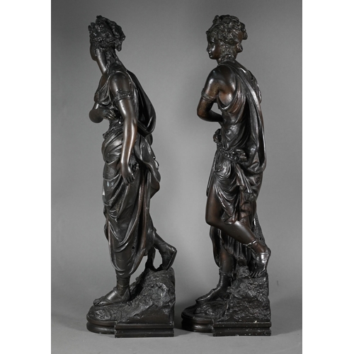 1203 - A companion pair of 19th century bronze patinated spelter figures of classical Greek maidens, 53 cm ... 