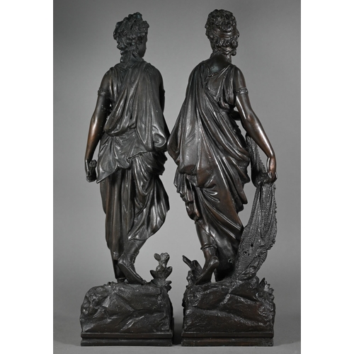 1203 - A companion pair of 19th century bronze patinated spelter figures of classical Greek maidens, 53 cm ... 