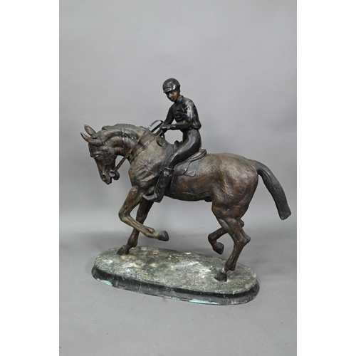 1205 - After Pierre Jules Menes, a patinated bronze sculpture of a mounted jockey, raised on a naturalistic... 