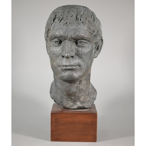 1208 - Pamela De Ville, a patinated pottery male bust, raised on a woodblock mount, 44 cm h 