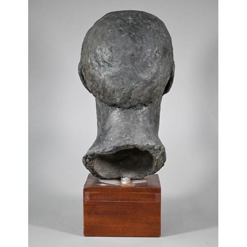 1208 - Pamela De Ville, a patinated pottery male bust, raised on a woodblock mount, 44 cm h 