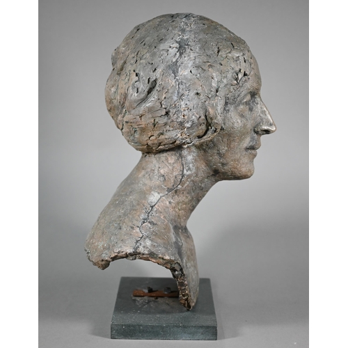 1209 - Pamela De Ville, 'Dee', a patinated clay bust of a woman, raised on a woodblock base, 42 cm h o/all