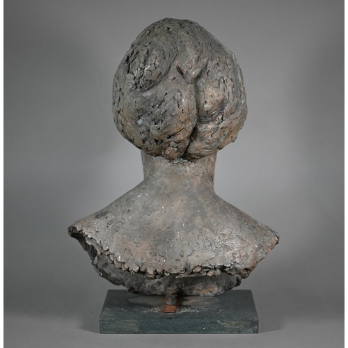 1209 - Pamela De Ville, 'Dee', a patinated clay bust of a woman, raised on a woodblock base, 42 cm h o/all