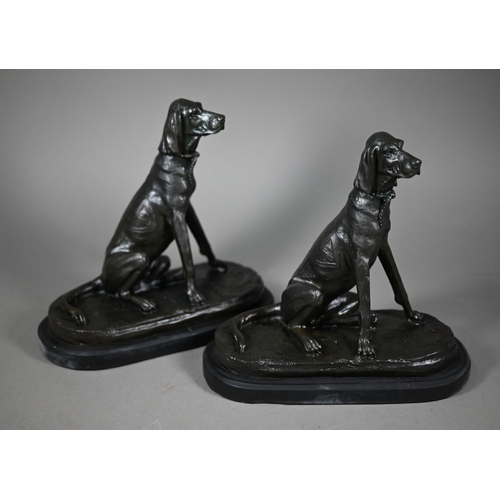 1211 - After A Cain, two brown bronze sculptures of seated bloodhounds, on oval slate bases, 24 cm h (2)