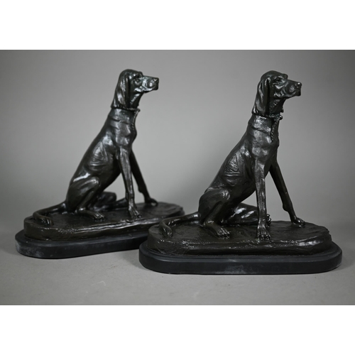 1211 - After A Cain, two brown bronze sculptures of seated bloodhounds, on oval slate bases, 24 cm h (2)