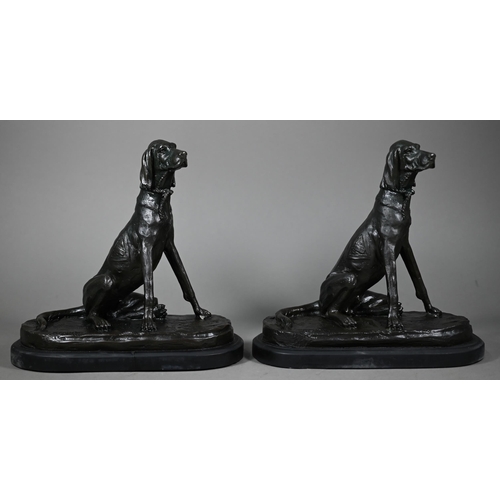 1211 - After A Cain, two brown bronze sculptures of seated bloodhounds, on oval slate bases, 24 cm h (2)