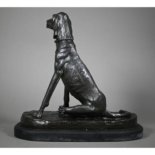 1211 - After A Cain, two brown bronze sculptures of seated bloodhounds, on oval slate bases, 24 cm h (2)