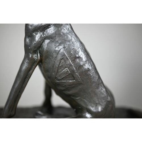 1211 - After A Cain, two brown bronze sculptures of seated bloodhounds, on oval slate bases, 24 cm h (2)