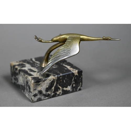 1213 - Two vintage Hispano-Suiza 'Cigogne' stork car mascots, designed by F Bazin, both mounted on plinths,... 