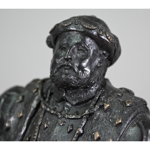 1214 - A dark patinated bronze figure of King Henry VIII, on wooden base, 34 cm h