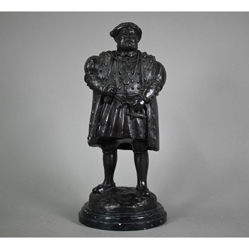 1214 - A dark patinated bronze figure of King Henry VIII, on wooden base, 34 cm h