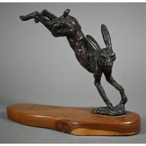 1215 - Two brown bronze sculptures of hares, one running, one leaping, both on yew wood bases, 15 cm and 13... 