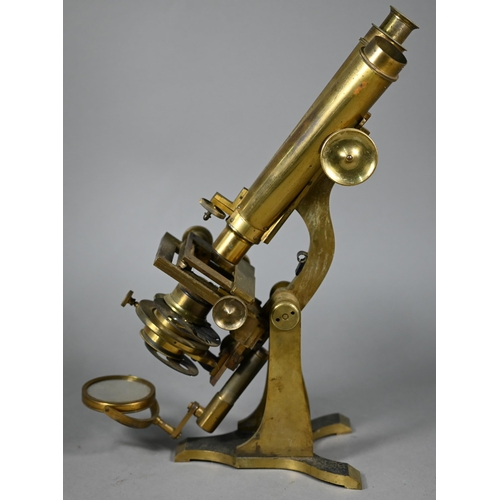 1220 - An antique brass binocular microscope by Henry Crouch, London Wall, no 461, in fitted mahogany case ... 