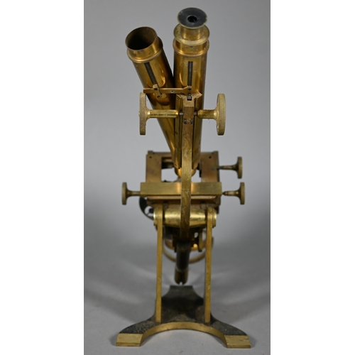 1220 - An antique brass binocular microscope by Henry Crouch, London Wall, no 461, in fitted mahogany case ... 