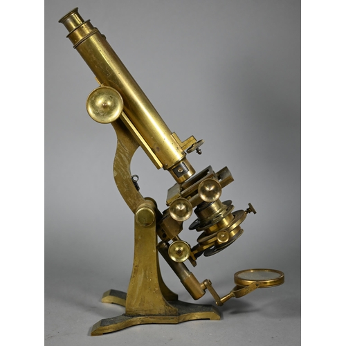 1220 - An antique brass binocular microscope by Henry Crouch, London Wall, no 461, in fitted mahogany case ... 