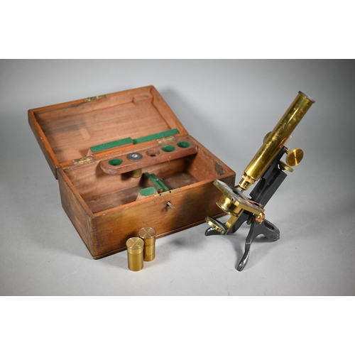 1220 - An antique brass binocular microscope by Henry Crouch, London Wall, no 461, in fitted mahogany case ... 