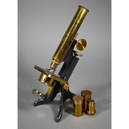 1220 - An antique brass binocular microscope by Henry Crouch, London Wall, no 461, in fitted mahogany case ... 