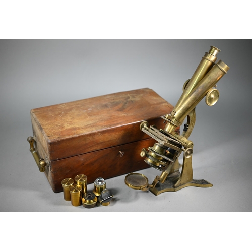 1220 - An antique brass binocular microscope by Henry Crouch, London Wall, no 461, in fitted mahogany case ... 