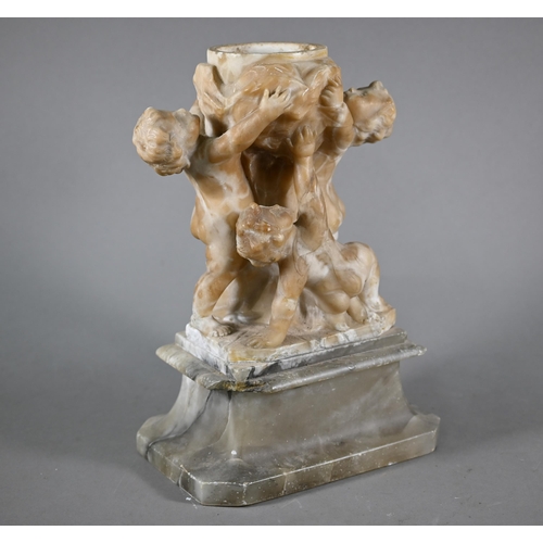 1227 - An antique Italianate carved alabaster urn supported by three putti, 34 cm