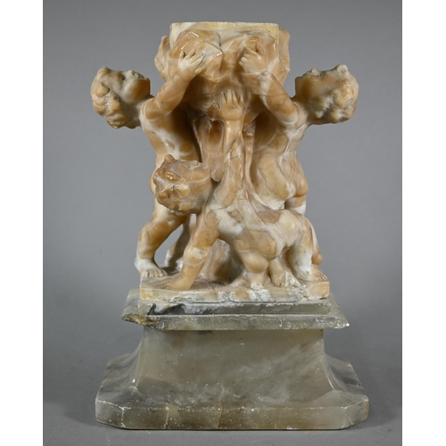 1227 - An antique Italianate carved alabaster urn supported by three putti, 34 cm