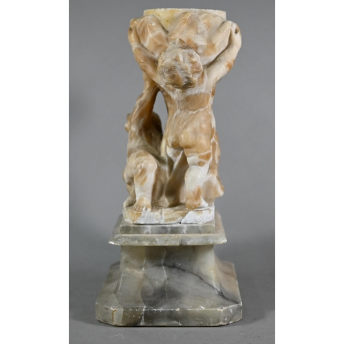 1227 - An antique Italianate carved alabaster urn supported by three putti, 34 cm