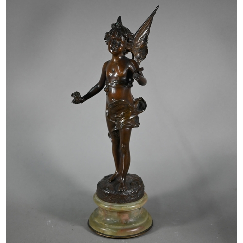 1233 - WITHDRAWN An early 20th century bronze, 'Love Messenger' raised on a green onyx socle base, 44 cm h